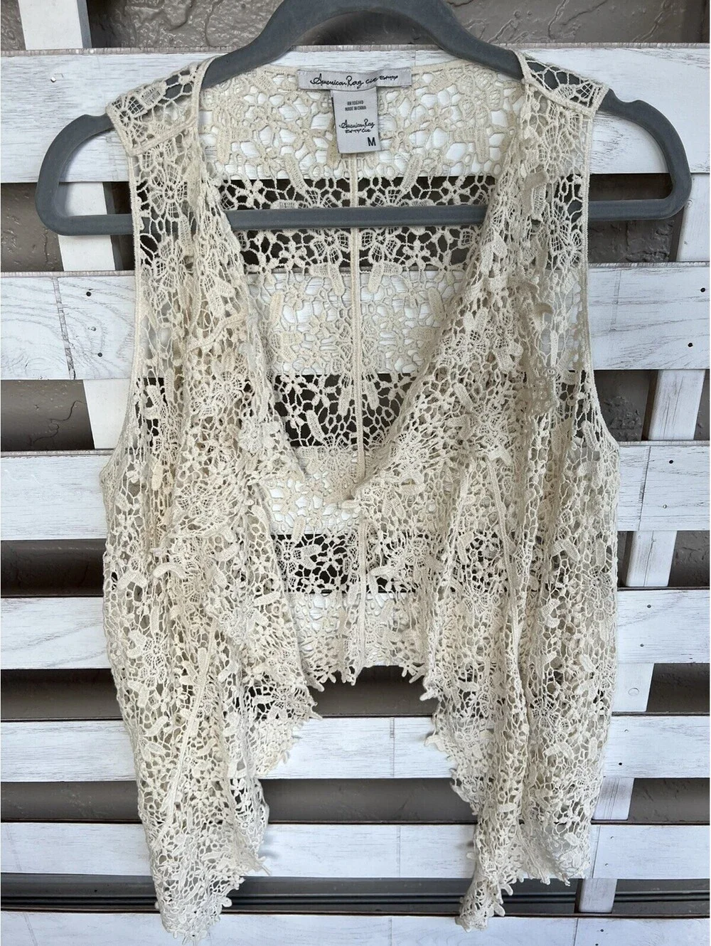 American Rag Cie Crochet Vest Top Natural Beige Floral Open Knit Size M